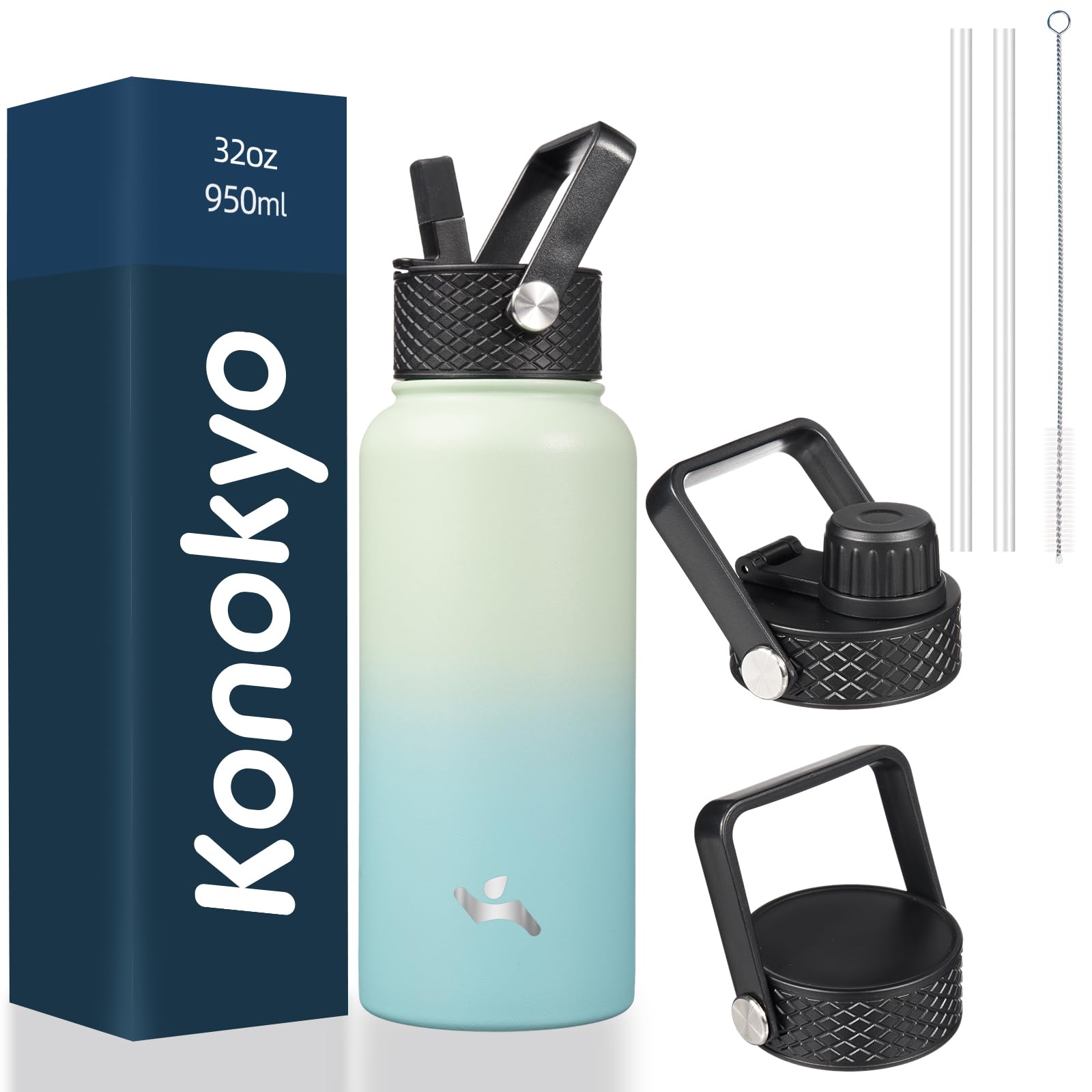 18 oz Insulated Water Bottle Stainless Steel Sport Bottles with 3 Lids,Mint