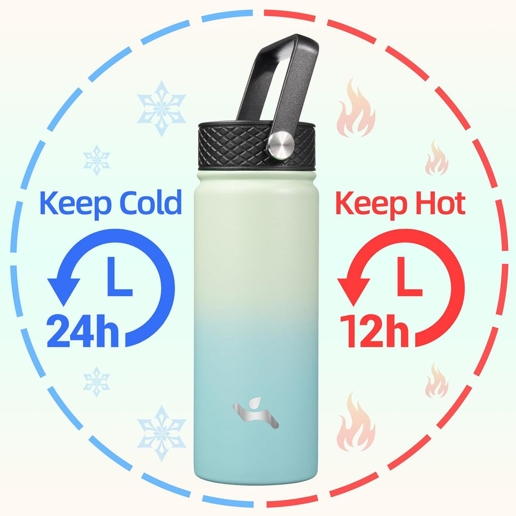 18 oz Insulated Water Bottle Stainless Steel Sport Bottles with 3 Lids,Mint