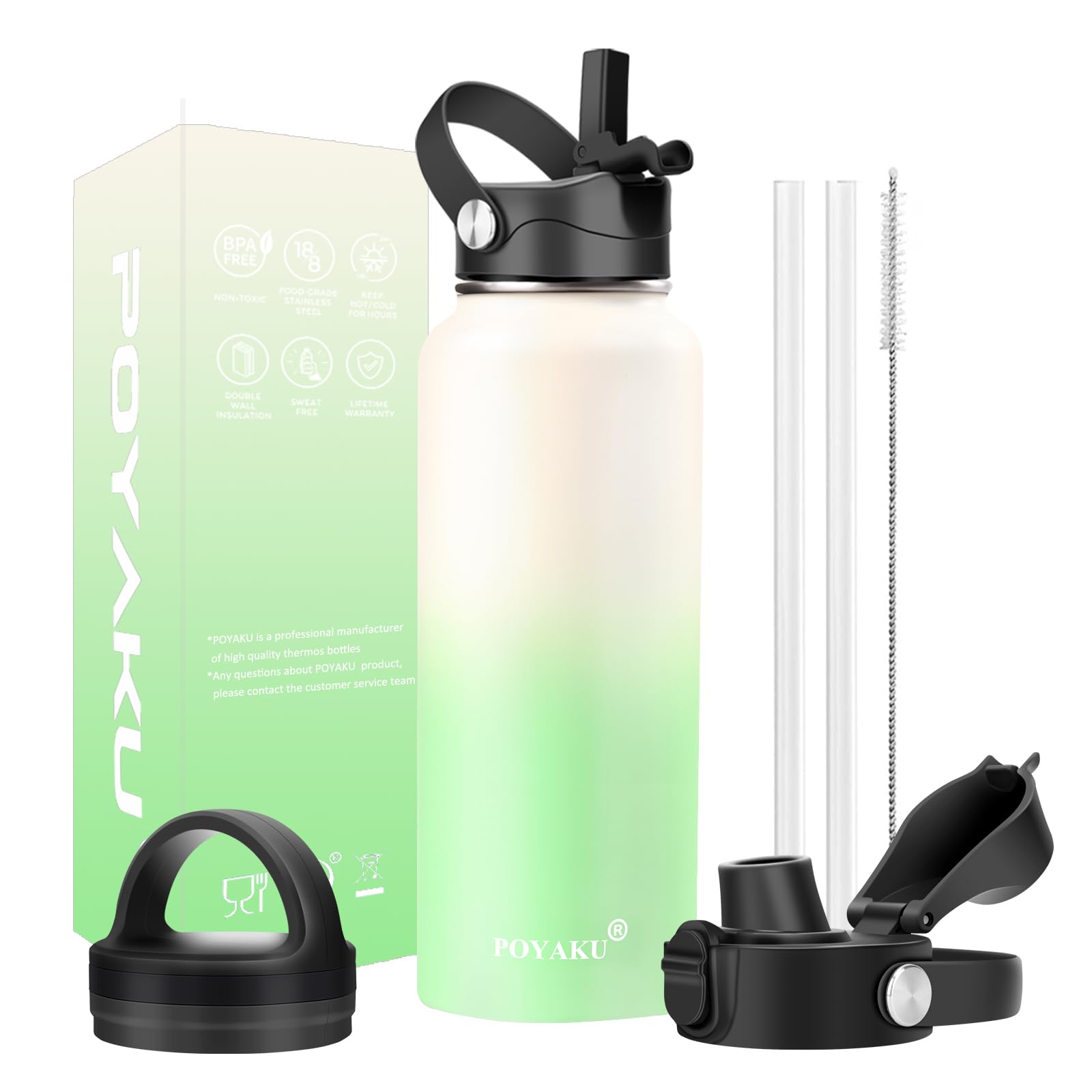 Water Bottle Insulated 32oz 40oz 64oz 128oz Straw Lid Spout Lid & 3 Lids, Leak Proof, Vacuum Insulated,Stainless Steel Water Bottle Wide Mouth for Sports, Gym or Office