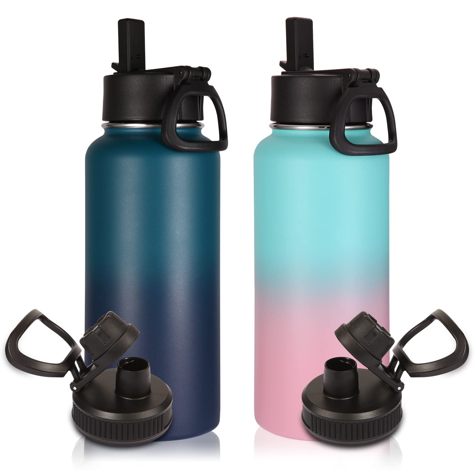 Volhoply 32 oz Insulated Water Bottles Bulk 8 Pack with Straw Lid & Spout Lid,Stainless Steel Sports Water Bottle,Double Wall Vacuum Cups,Leakproof Wide Mouth Metal Flask for Hiking,Camping(Mix,8)