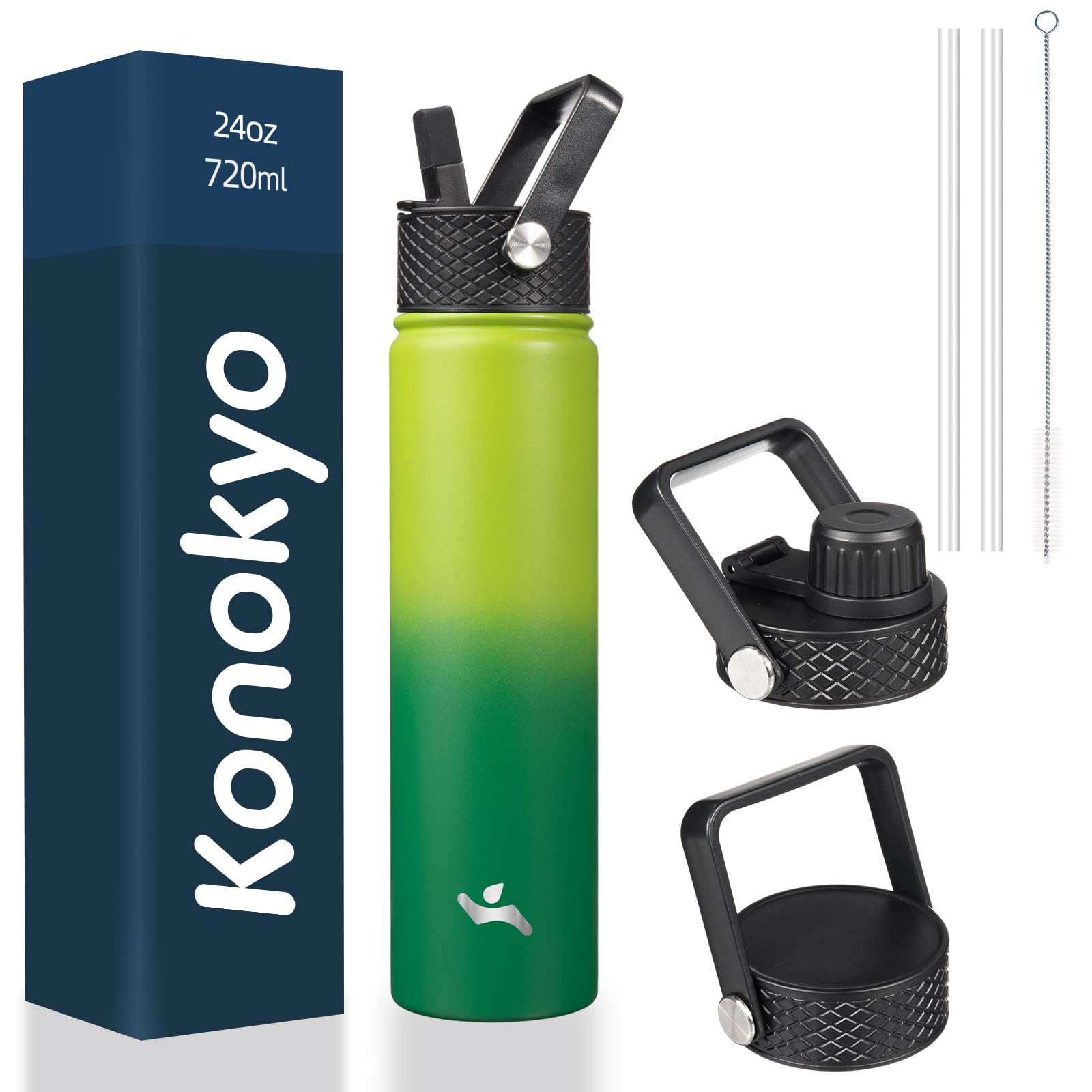 18 oz Insulated Water Bottle Stainless Steel Sport Bottles with 3 Lids,Mint