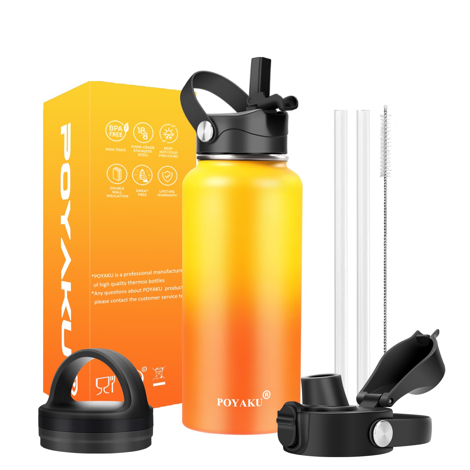 Water Bottle Insulated 32oz 40oz 64oz 128oz Straw Lid Spout Lid & 3 Lids, Leak Proof, Vacuum Insulated,Stainless Steel Water Bottle Wide Mouth for Sports, Gym or Office