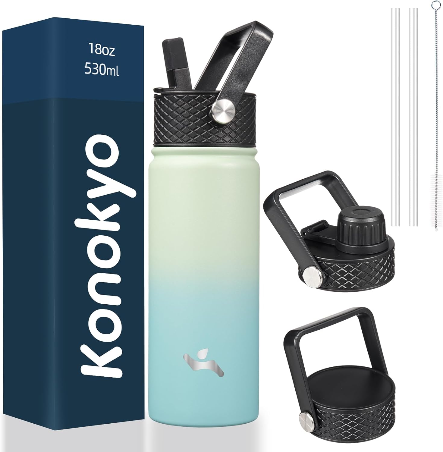 18 oz Insulated Water Bottle Stainless Steel Sport Bottles with 3 Lids,Mint