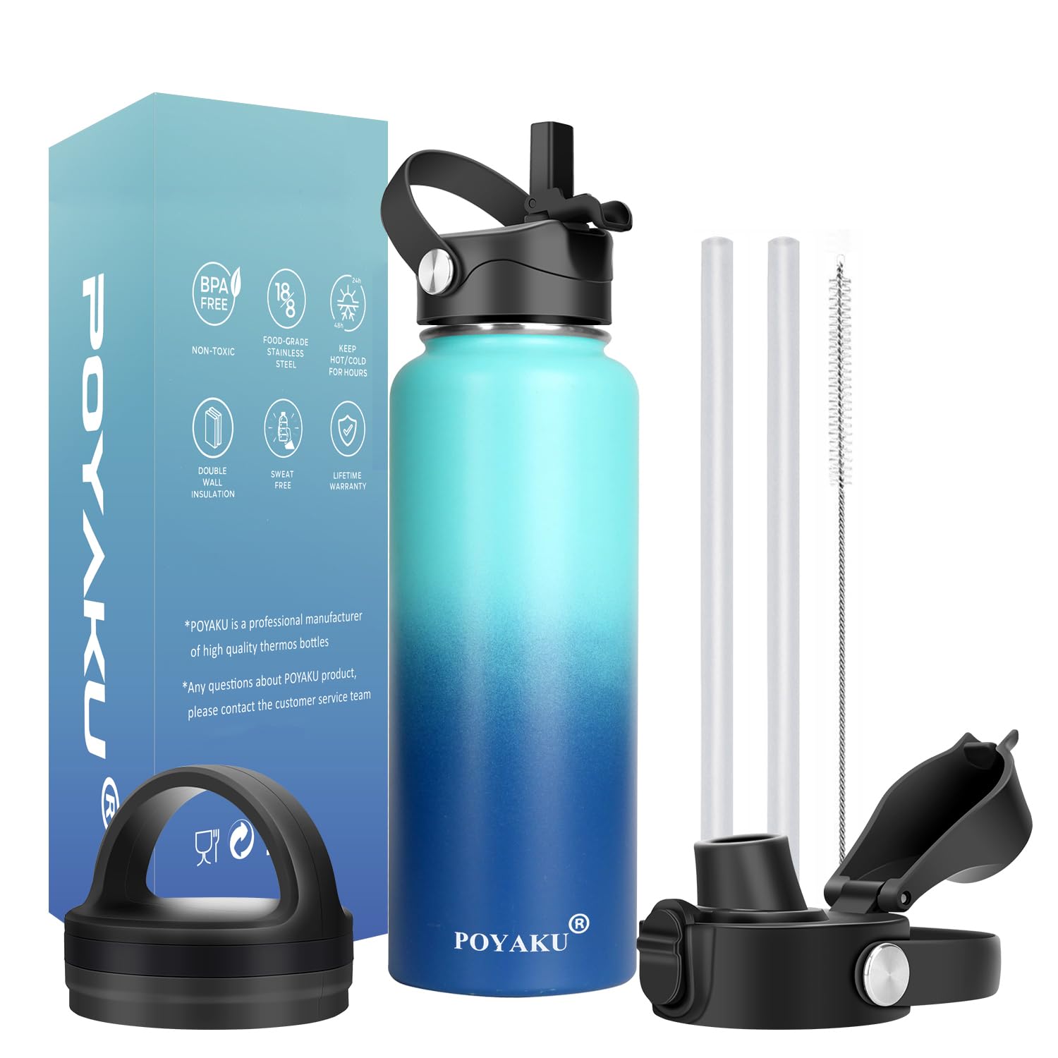 Water Bottle Insulated 32oz 40oz 64oz 128oz Straw Lid Spout Lid & 3 Lids, Leak Proof, Vacuum Insulated,Stainless Steel Water Bottle Wide Mouth for Sports, Gym or Office