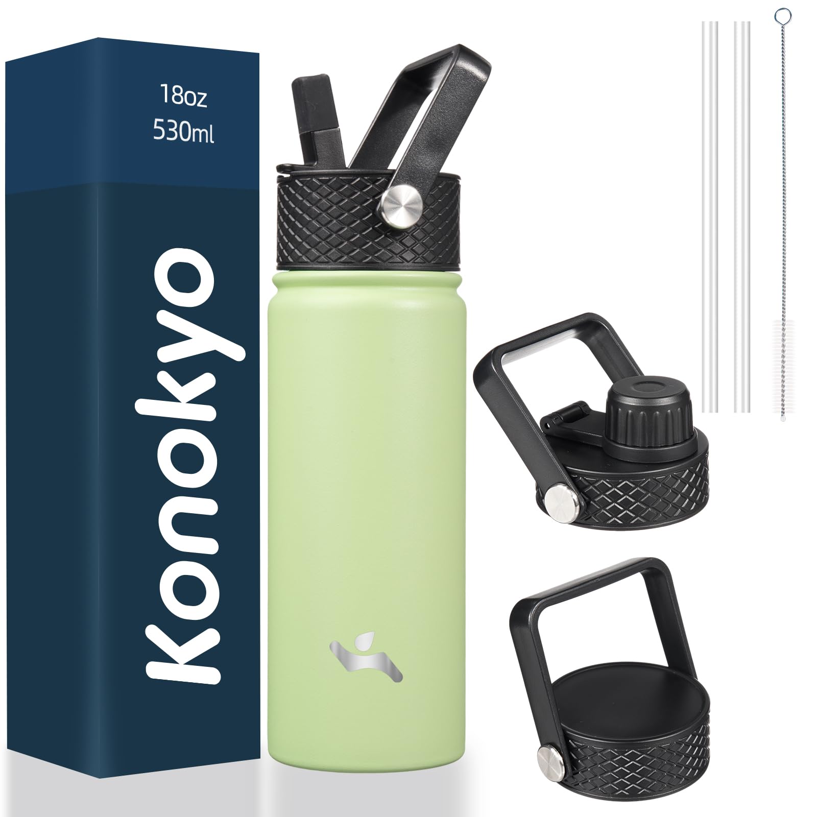 18 oz Insulated Water Bottle Stainless Steel Sport Bottles with 3 Lids,Mint