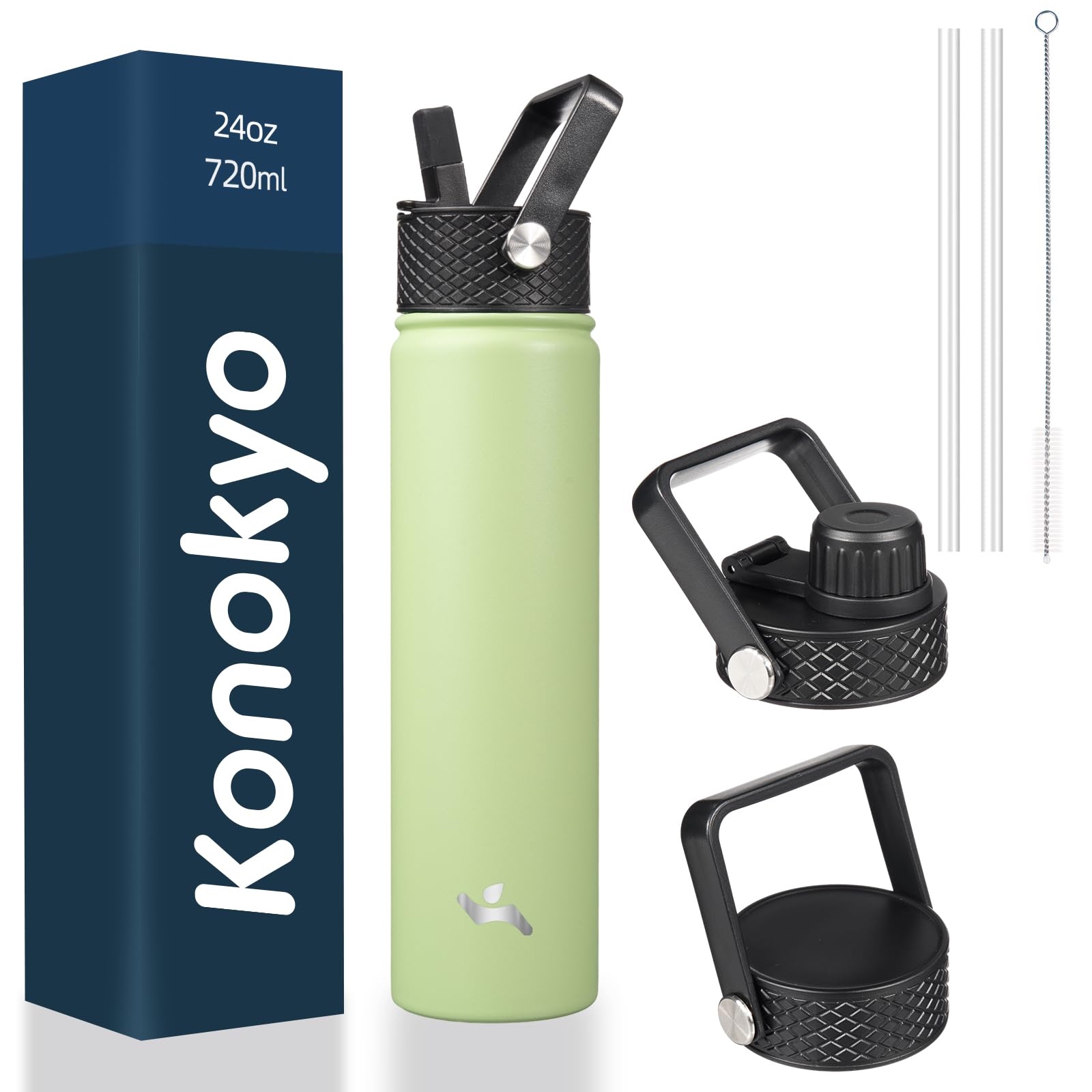18 oz Insulated Water Bottle Stainless Steel Sport Bottles with 3 Lids,Mint