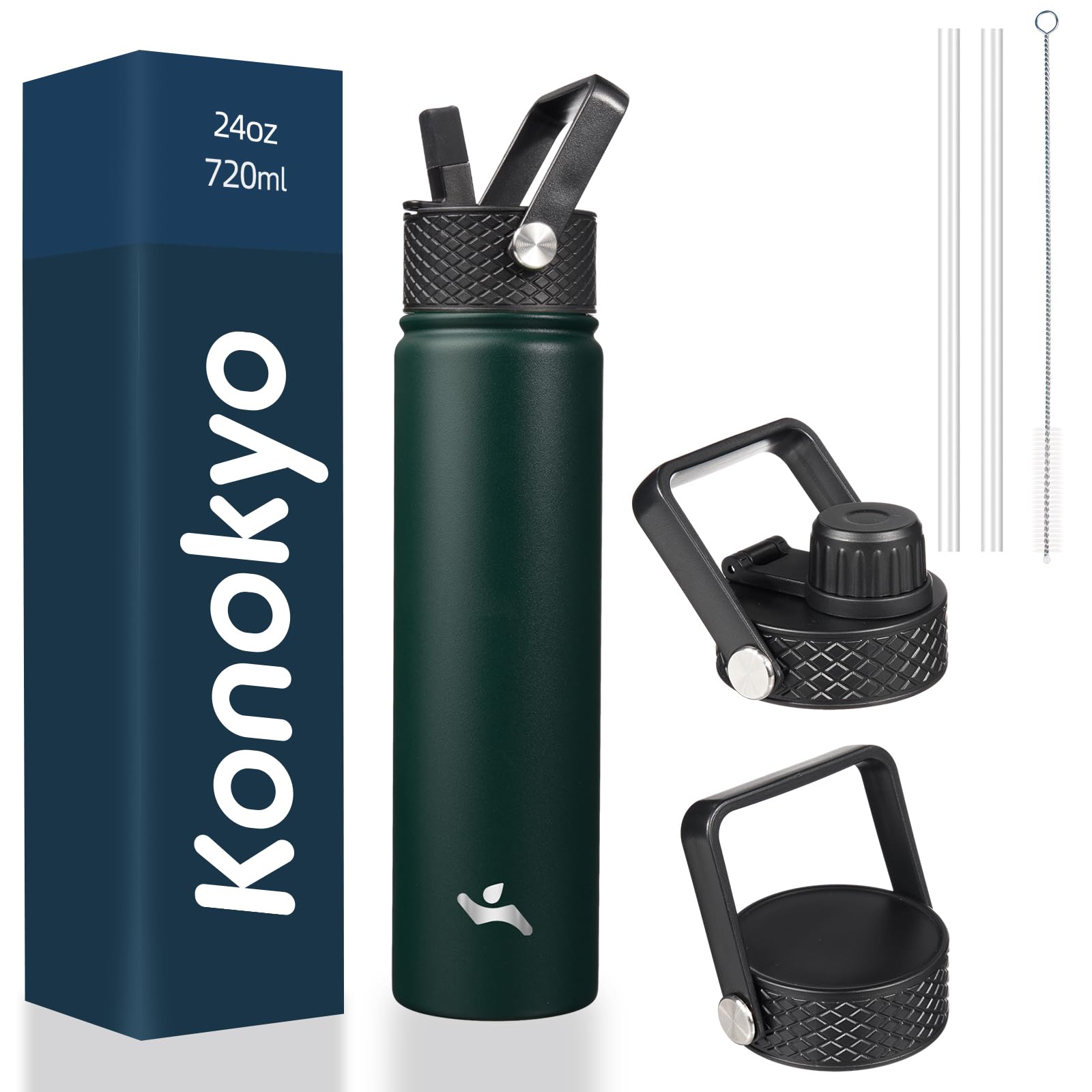 18 oz Insulated Water Bottle Stainless Steel Sport Bottles with 3 Lids,Mint