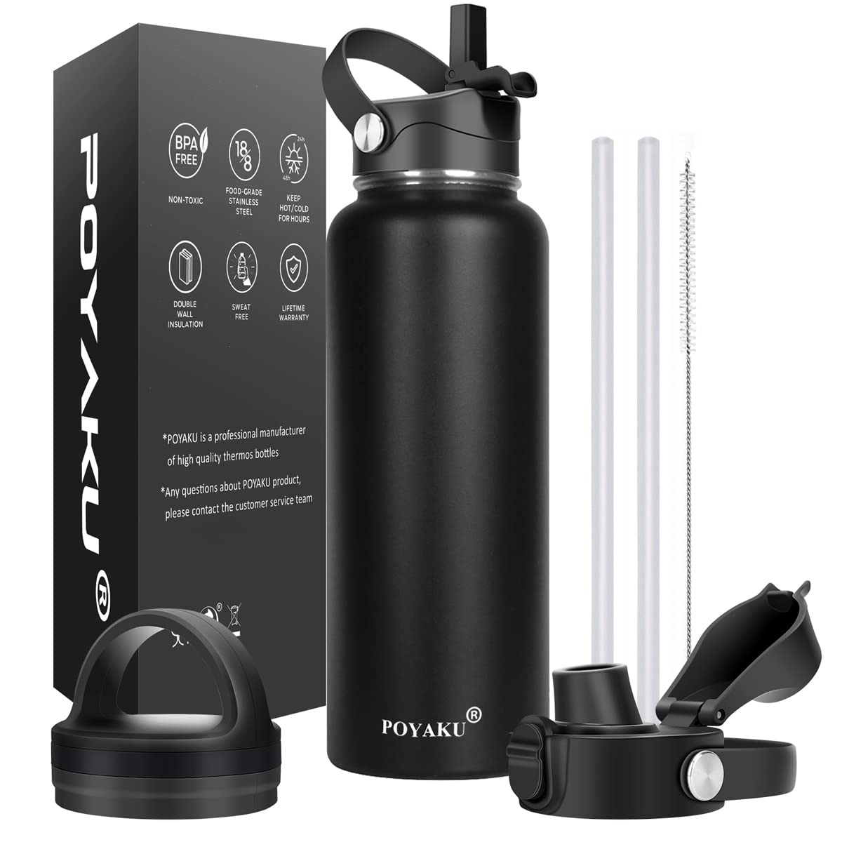 Water Bottle Insulated 32oz 40oz 64oz 128oz Straw Lid Spout Lid & 3 Lids, Leak Proof, Vacuum Insulated,Stainless Steel Water Bottle Wide Mouth for Sports, Gym or Office