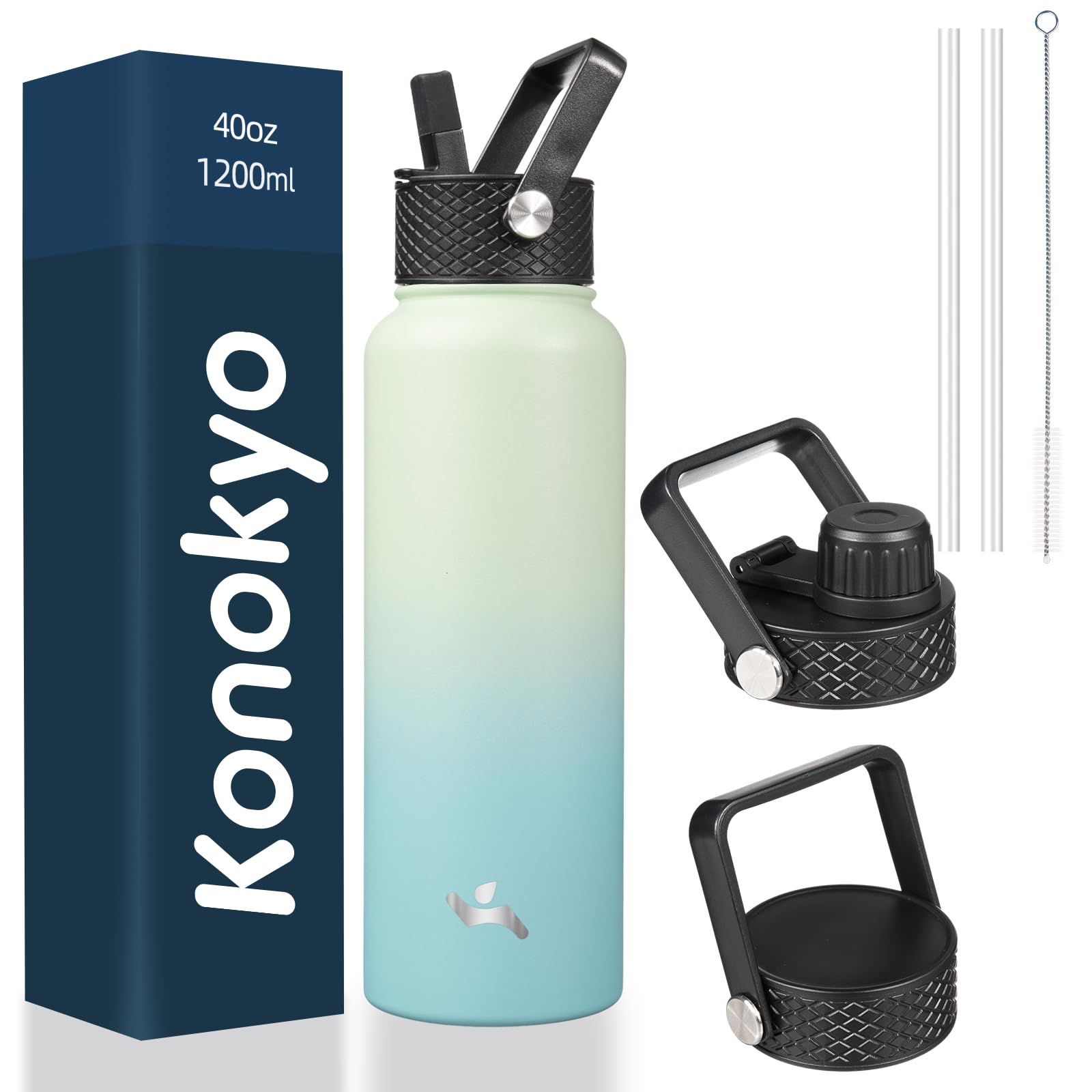 18 oz Insulated Water Bottle Stainless Steel Sport Bottles with 3 Lids,Mint