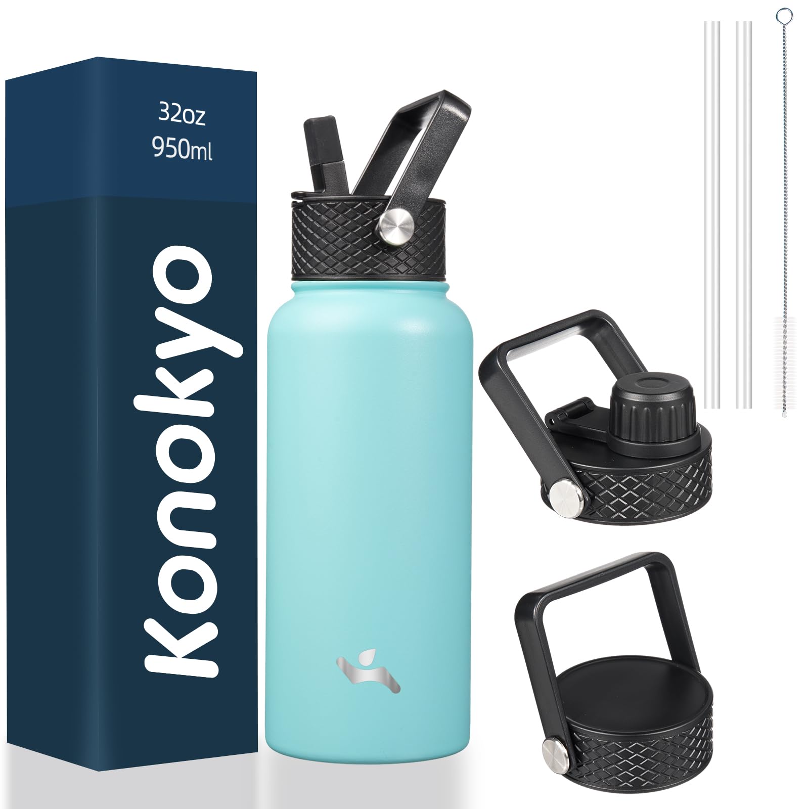 18 oz Insulated Water Bottle Stainless Steel Sport Bottles with 3 Lids,Mint