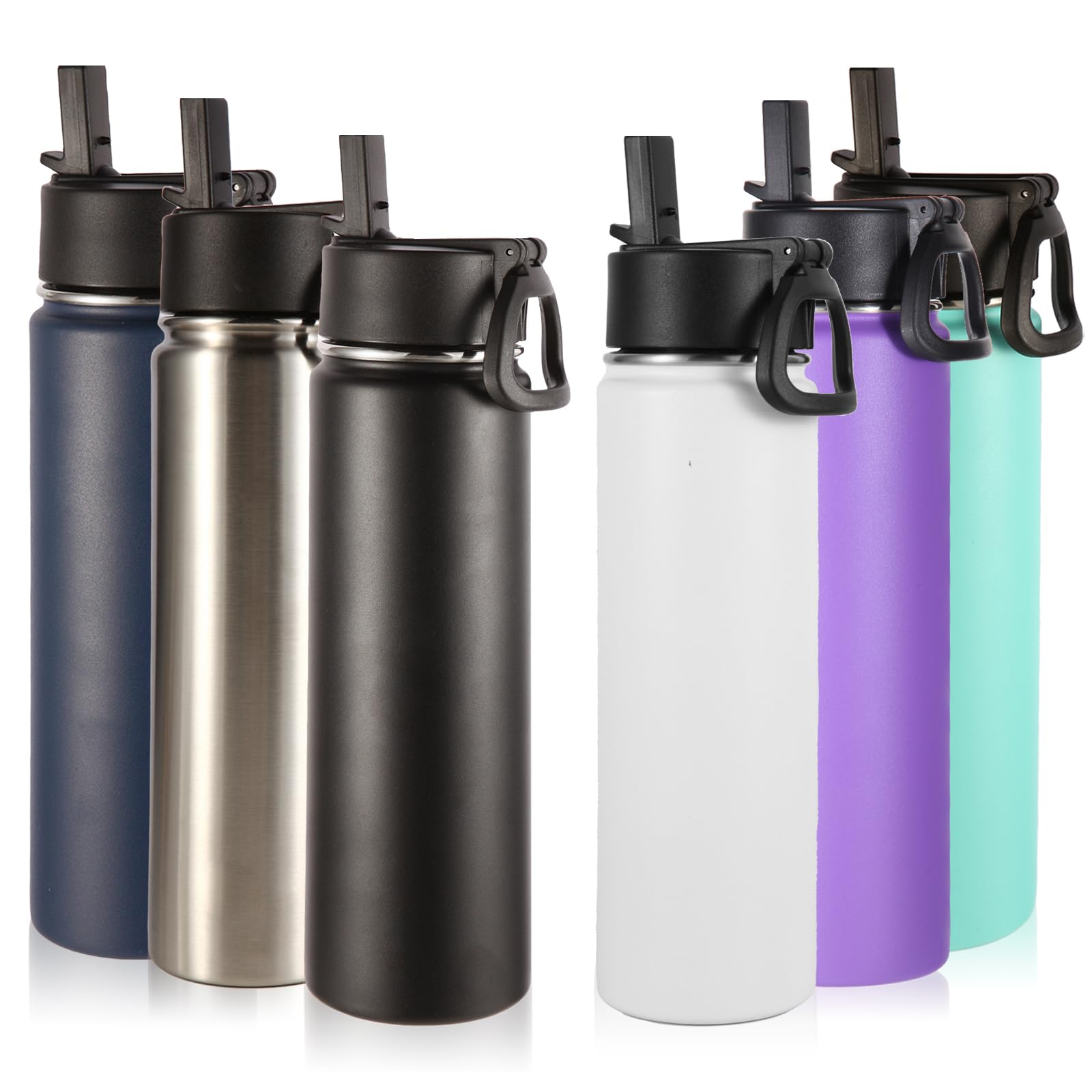 Volhoply 24oz Insulated Water Bottle With Straw Bulk 8 Pack,Metal Wide Mouth Water Bottles With Handle Lid Keep Cold,Reusable Double Wall Cups,Powder Coated Sport Bottle For Holder(silver,8 count)