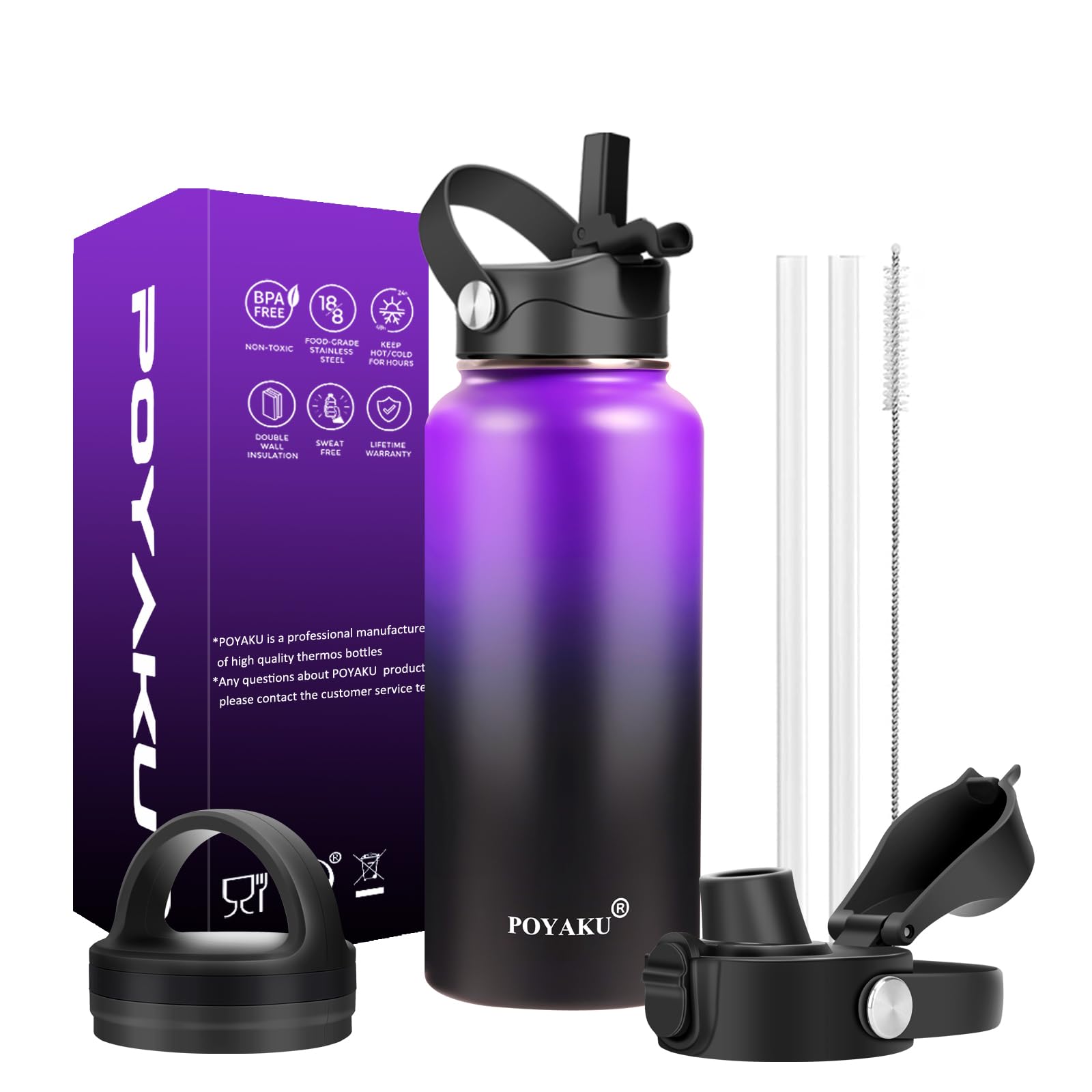 Water Bottle Insulated 32oz 40oz 64oz 128oz Straw Lid Spout Lid & 3 Lids, Leak Proof, Vacuum Insulated,Stainless Steel Water Bottle Wide Mouth for Sports, Gym or Office