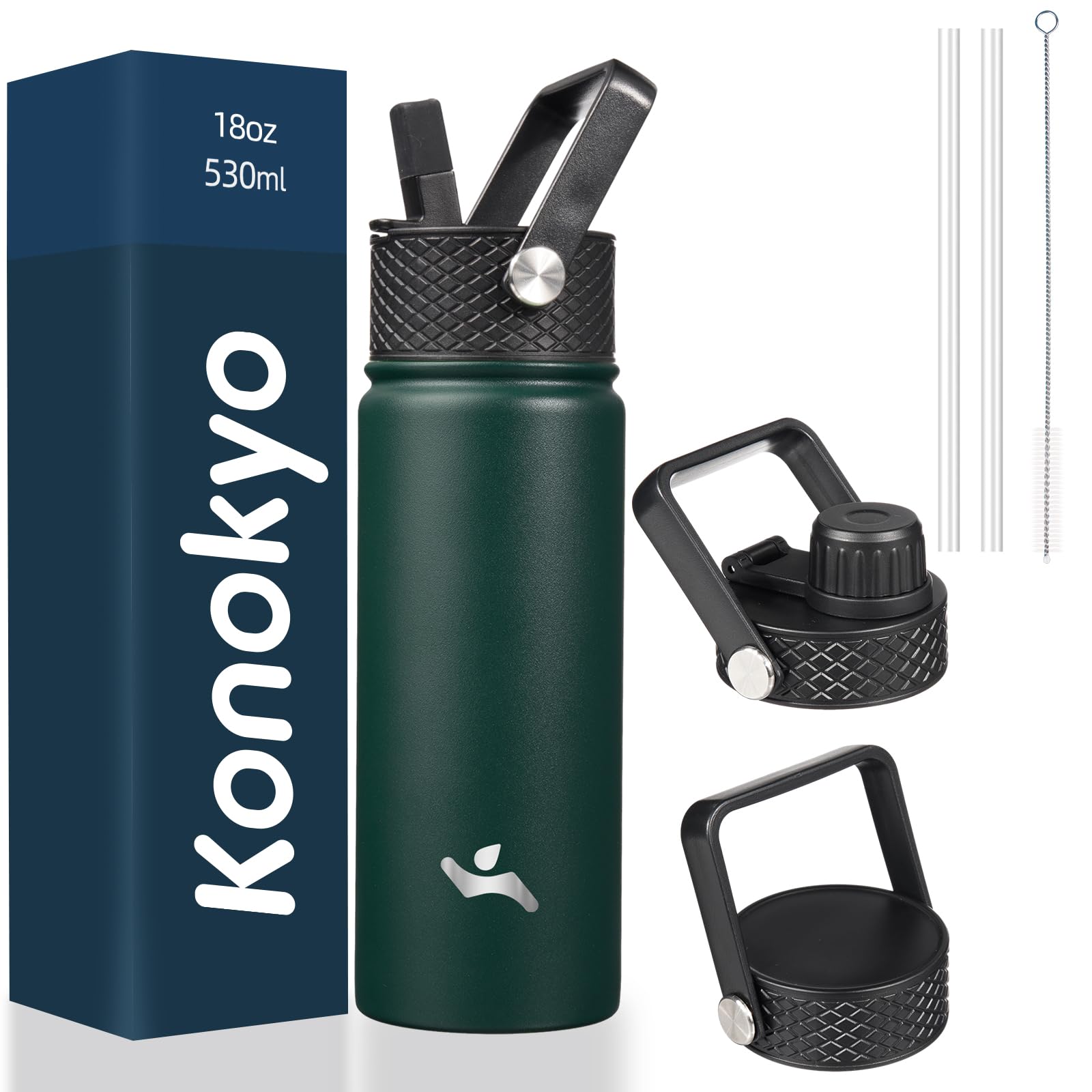 18 oz Insulated Water Bottle Stainless Steel Sport Bottles with 3 Lids,Mint