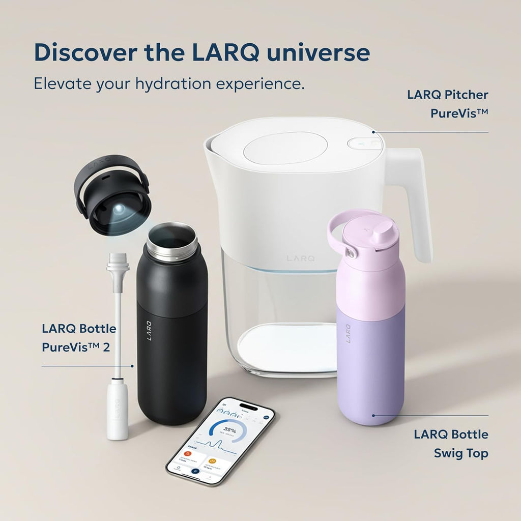 LARQ Bottle Movement Filtered - Lightweight Non-Insulated Stainless Steel Water Bottle BPA Free with Nano Zero technology and long-lasting filters, White/Pebble, 24oz