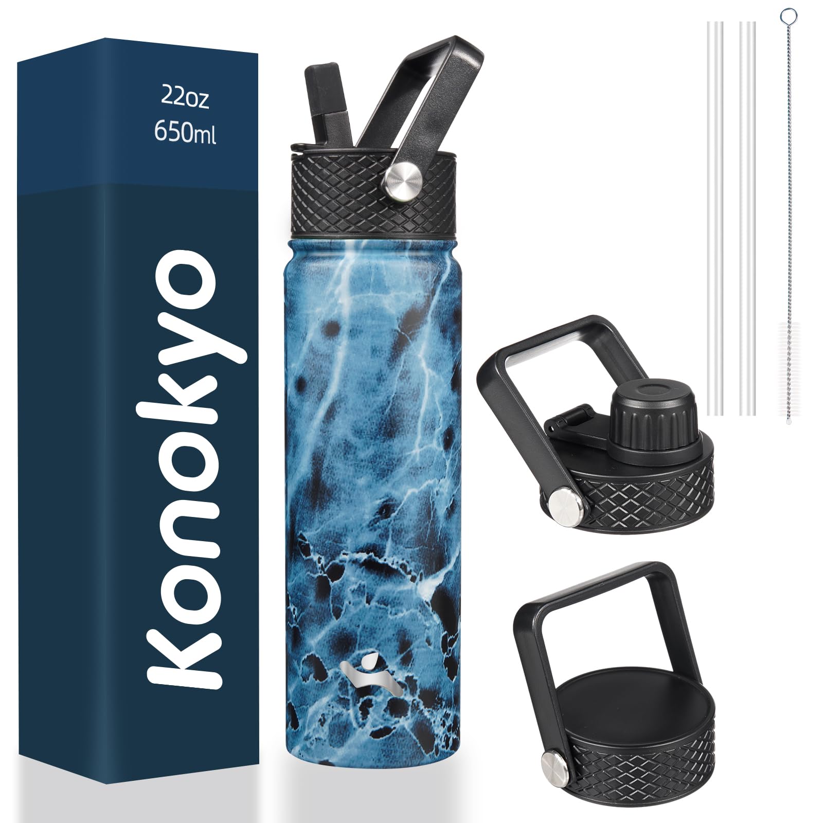 18 oz Insulated Water Bottle Stainless Steel Sport Bottles with 3 Lids,Mint
