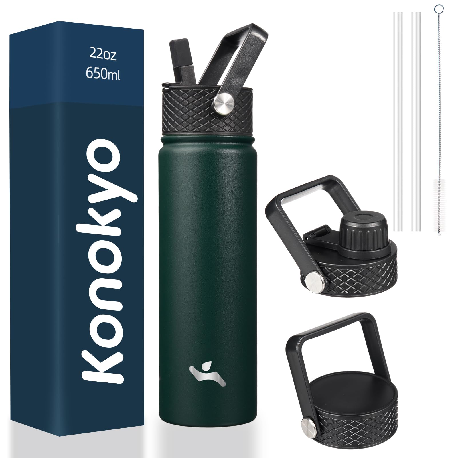 18 oz Insulated Water Bottle Stainless Steel Sport Bottles with 3 Lids,Mint