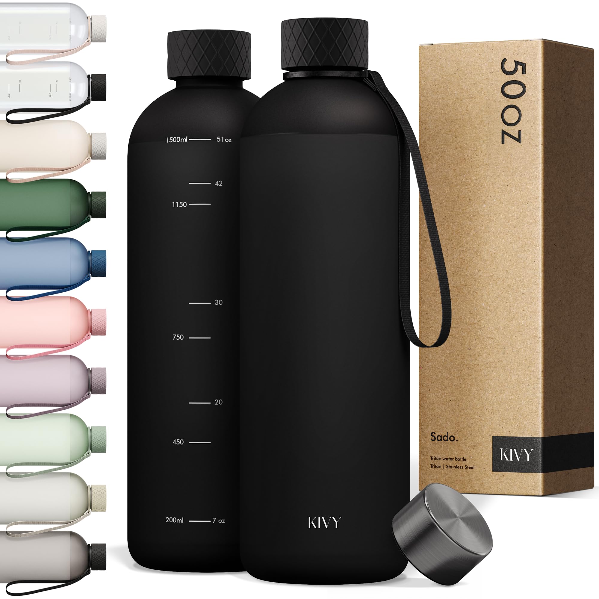 KIVY Large Water Bottle 50oz [Lightweight & Shatterproof] Fits Backpack & Cupholder for Travel, Sports, School - Extra large water bottle no straw - 1.5 Liter water bottles - 50oz Water bottle Green