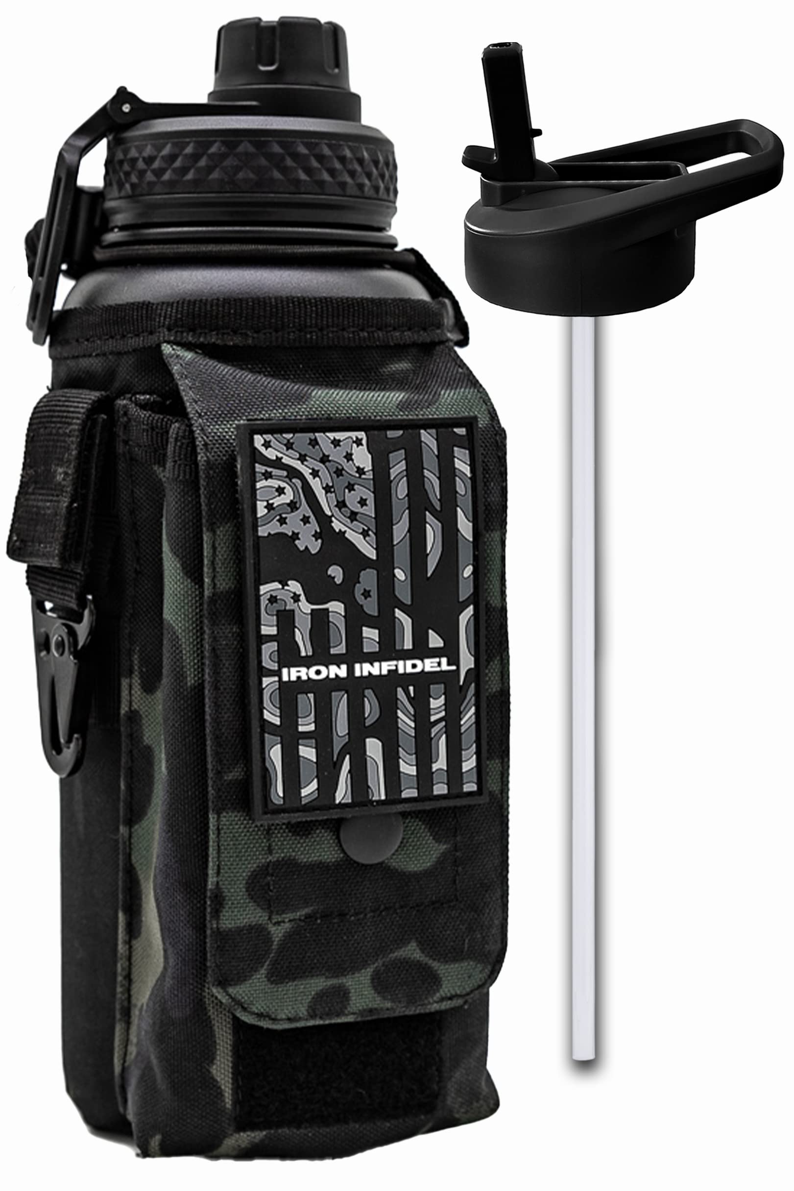 Iron Infidel Battle Bottle - Half Gallon Insulated Stainless Steel Water Jug with Handle - Gym Bottle for Men with Rugged Sleeve (Overland 2 Liter)