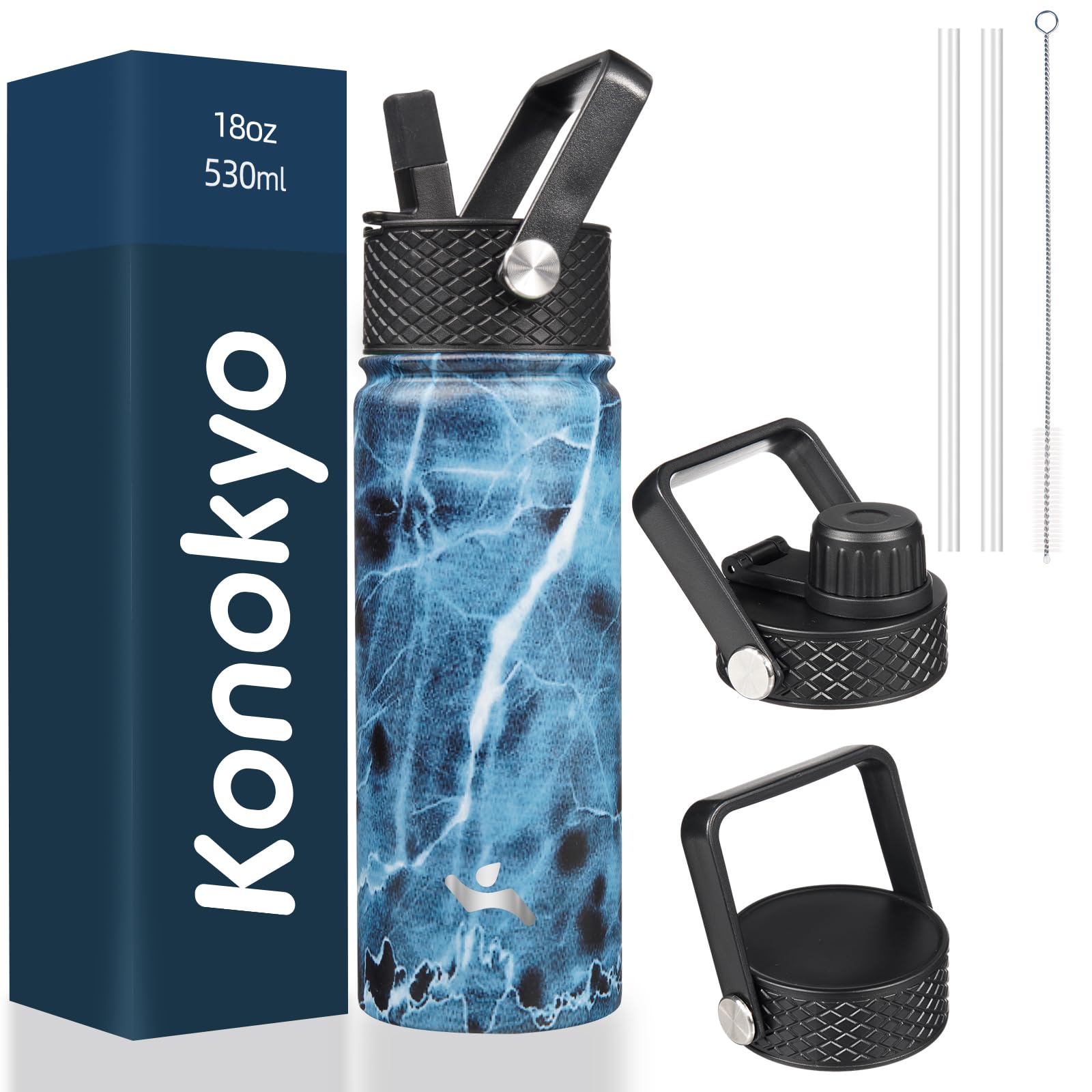18 oz Insulated Water Bottle Stainless Steel Sport Bottles with 3 Lids,Mint