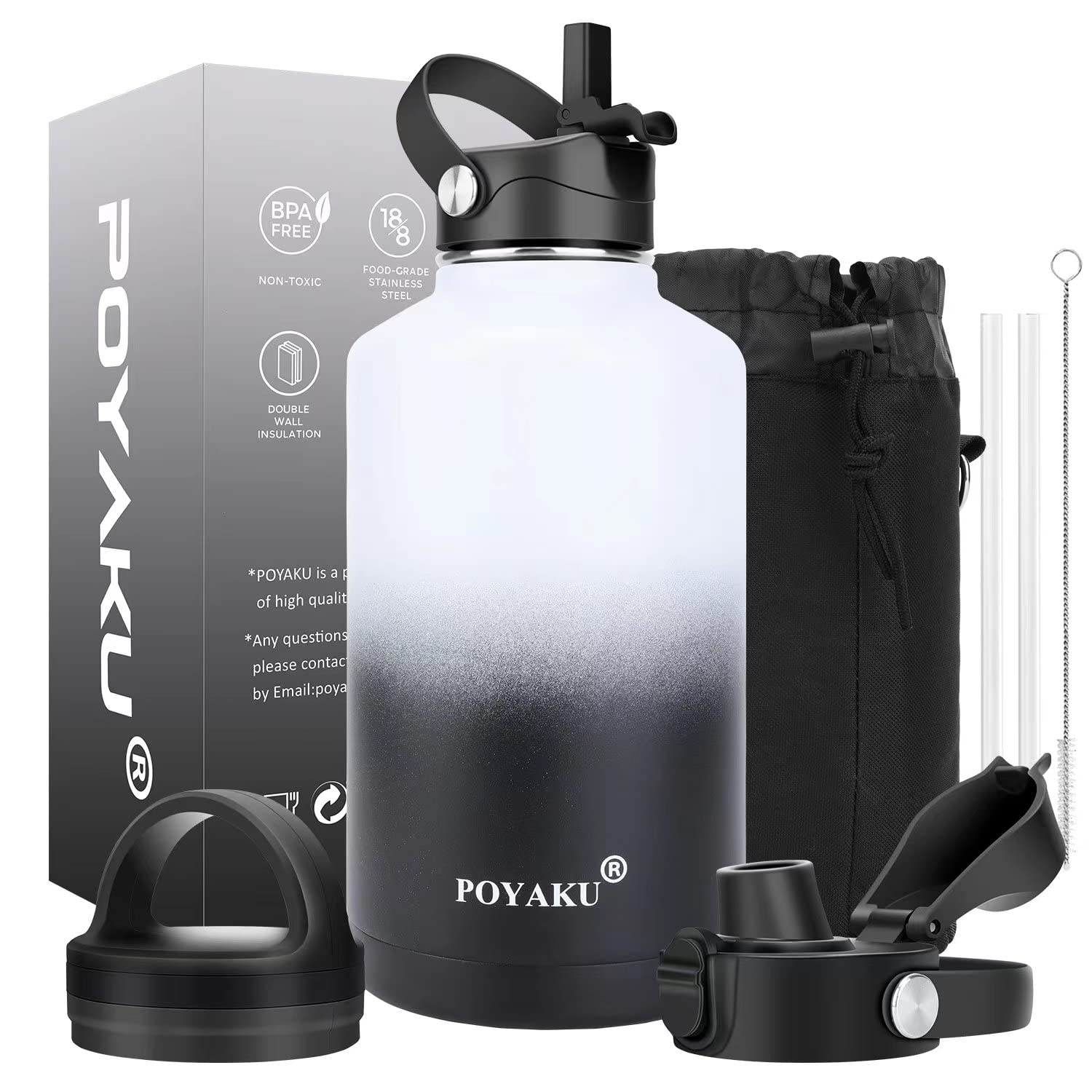 Water Bottle Insulated 32oz 40oz 64oz 128oz Straw Lid Spout Lid & 3 Lids, Leak Proof, Vacuum Insulated,Stainless Steel Water Bottle Wide Mouth for Sports, Gym or Office