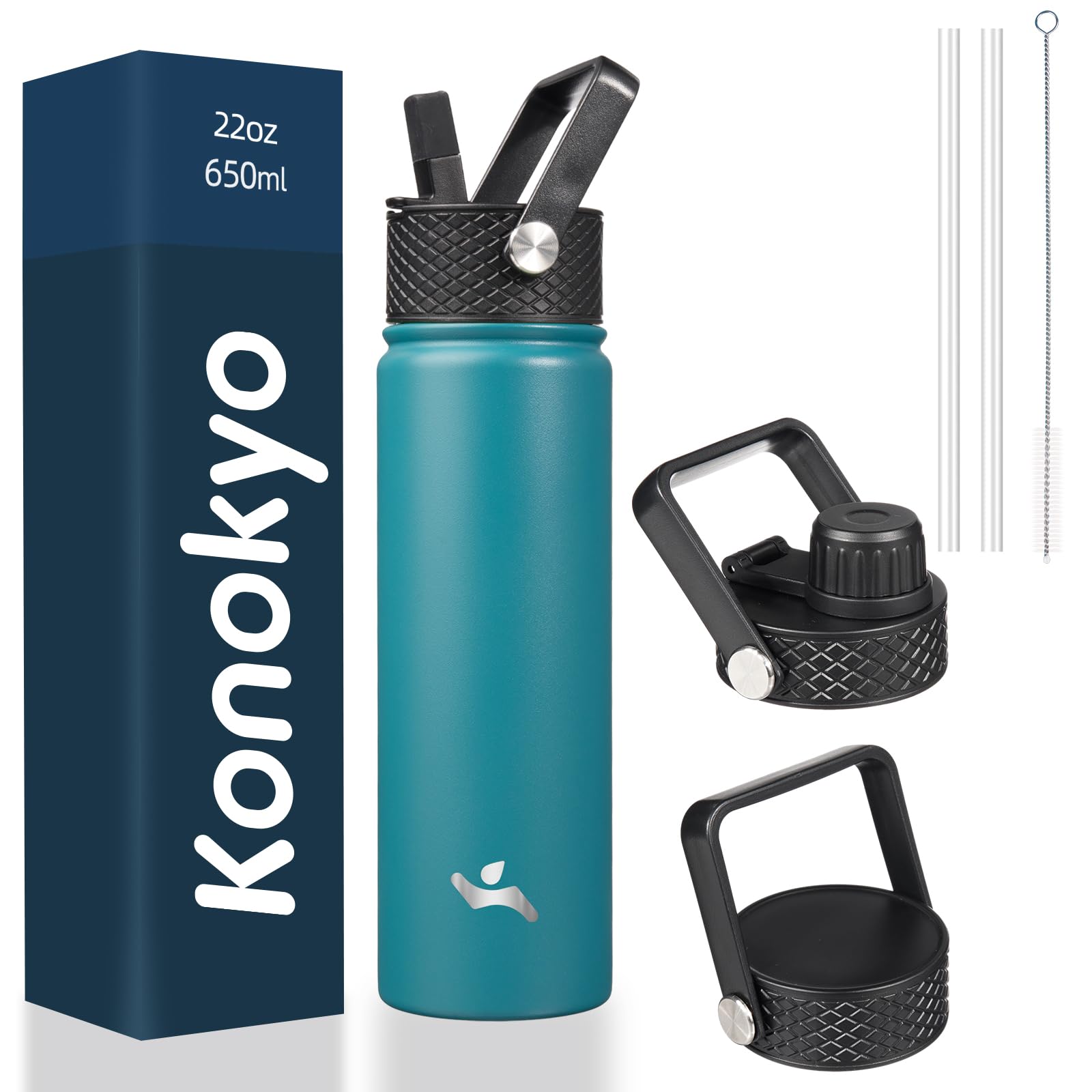 18 oz Insulated Water Bottle Stainless Steel Sport Bottles with 3 Lids,Mint