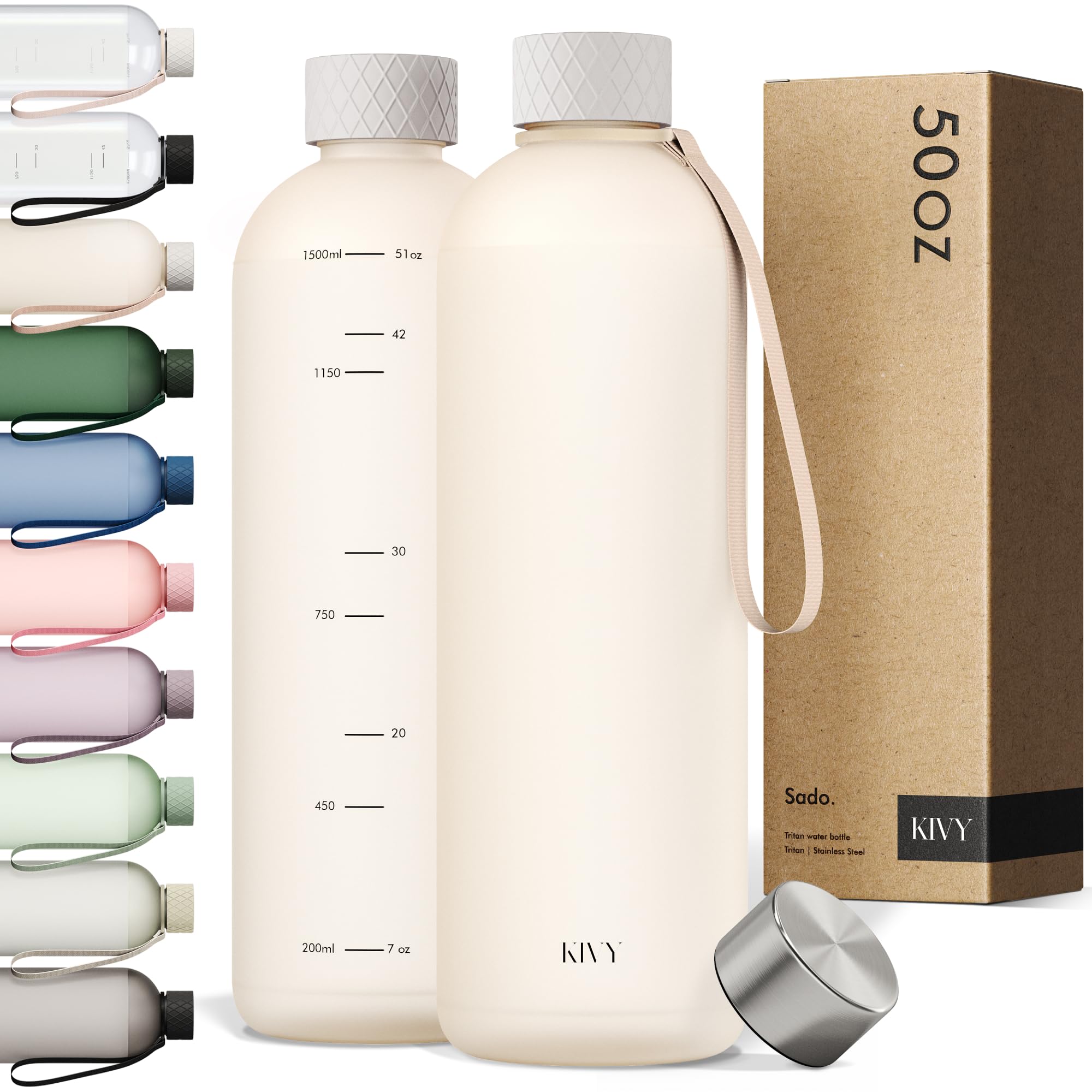 KIVY Large Water Bottle 50oz [Lightweight & Shatterproof] Fits Backpack & Cupholder for Travel, Sports, School - Extra large water bottle no straw - 1.5 Liter water bottles - 50oz Water bottle Green
