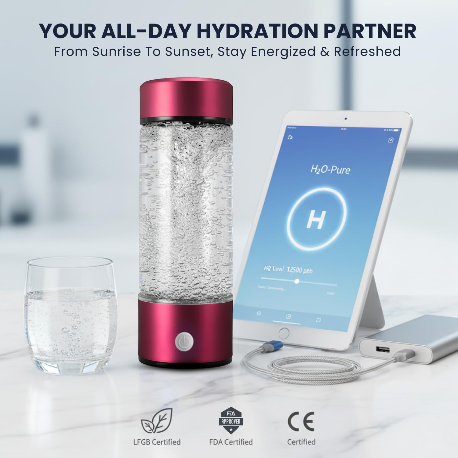 Hydrogen Water Bottle – Portable & Rechargeable – Enhance Hydration with Hydrogen-Rich Water Red