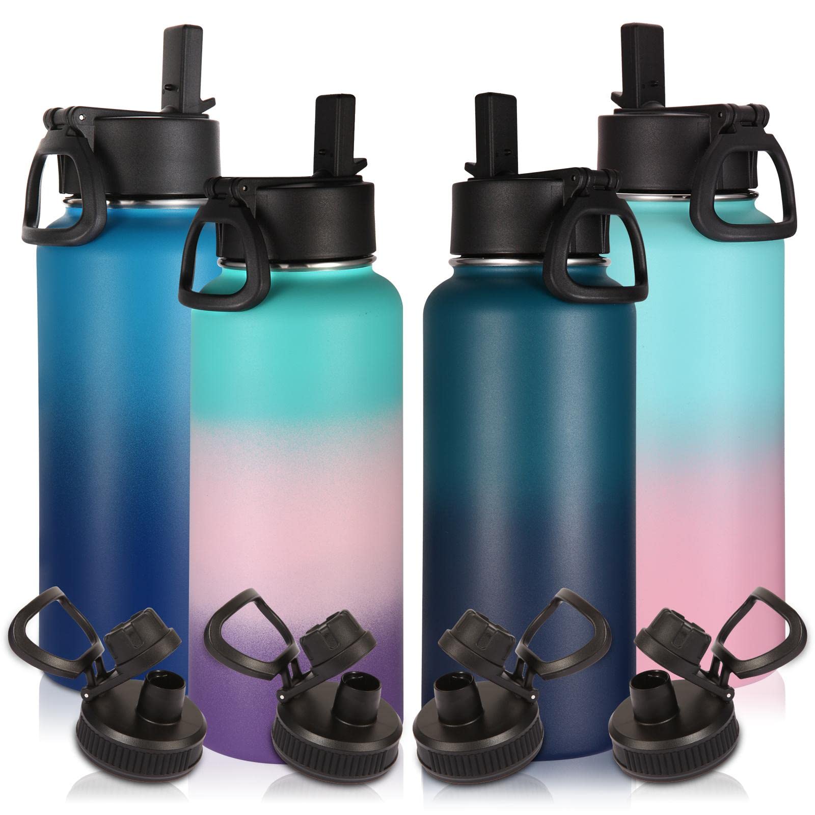 Volhoply 32 oz Insulated Water Bottles Bulk 8 Pack with Straw Lid & Spout Lid,Stainless Steel Sports Water Bottle,Double Wall Vacuum Cups,Leakproof Wide Mouth Metal Flask for Hiking,Camping(Mix,8)