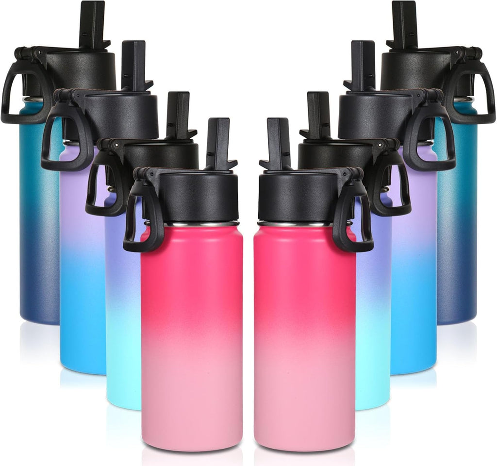 Volhoply 16 OZ Kids Water Bottle Bulk 8 Pack,Insulated Sports Bottles with Straw Lid,Stainless Steel Bottle with Handle Keep Cold & Hot,Double Wall Vacuum Tumbler Cups for School(Assorted, 8)