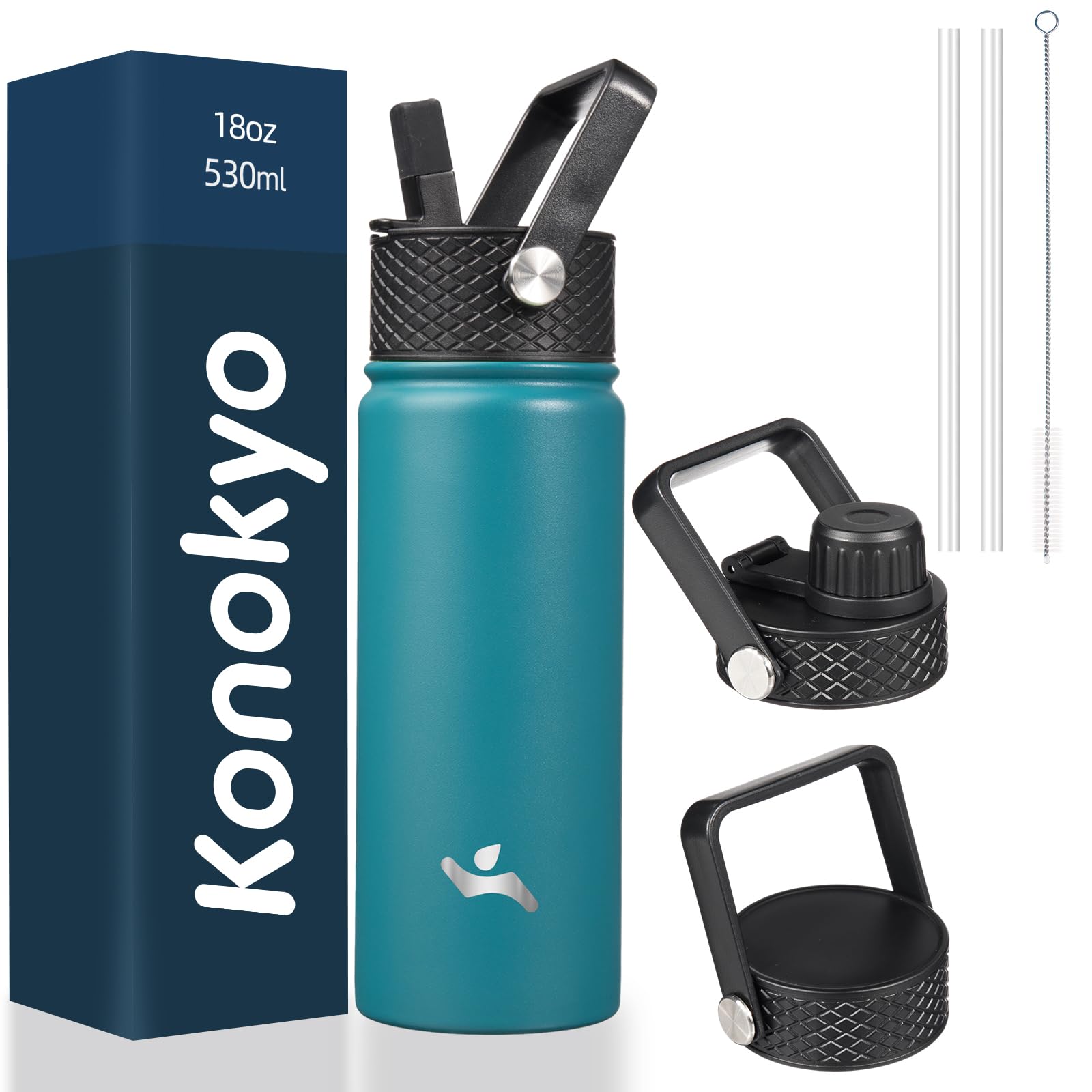 18 oz Insulated Water Bottle Stainless Steel Sport Bottles with 3 Lids,Mint