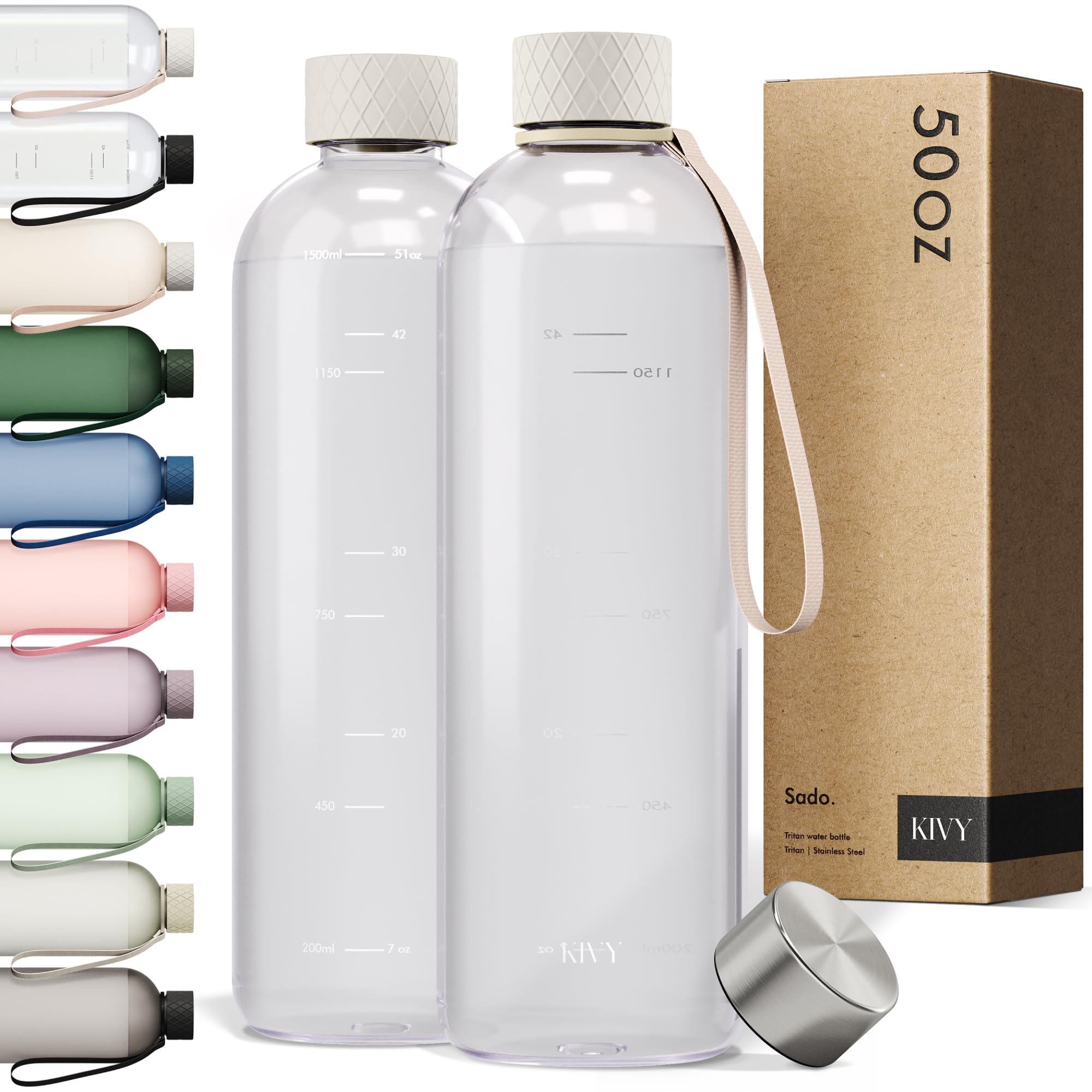 KIVY Large Water Bottle 50oz [Lightweight & Shatterproof] Fits Backpack & Cupholder for Travel, Sports, School - Extra large water bottle no straw - 1.5 Liter water bottles - 50oz Water bottle Green