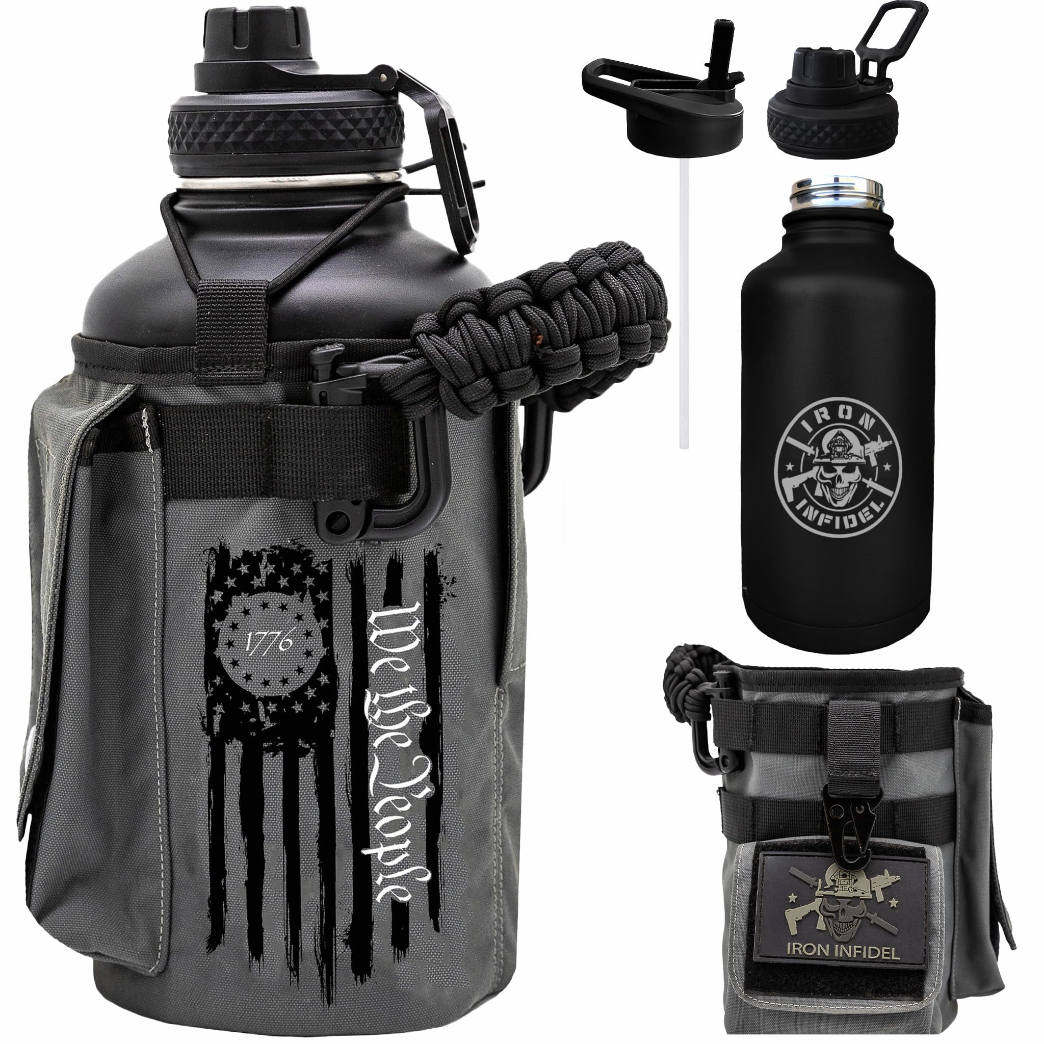 Iron Infidel Battle Bottle - Half Gallon Insulated Stainless Steel Water Jug with Handle - Gym Bottle for Men with Rugged Sleeve (Overland 2 Liter)