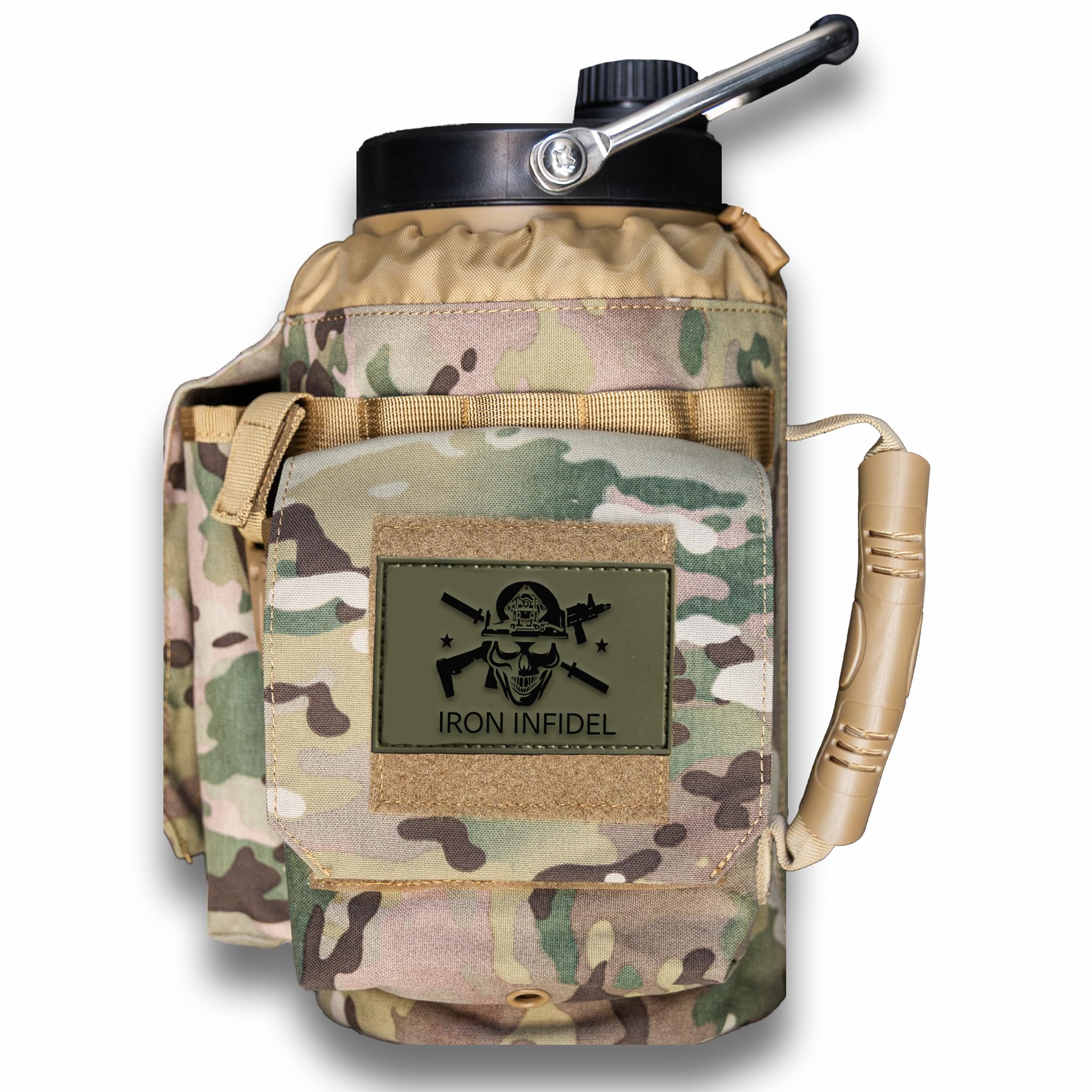 Iron Infidel Battle Bottle - Half Gallon Insulated Stainless Steel Water Jug with Handle - Gym Bottle for Men with Rugged Sleeve (Overland 2 Liter)