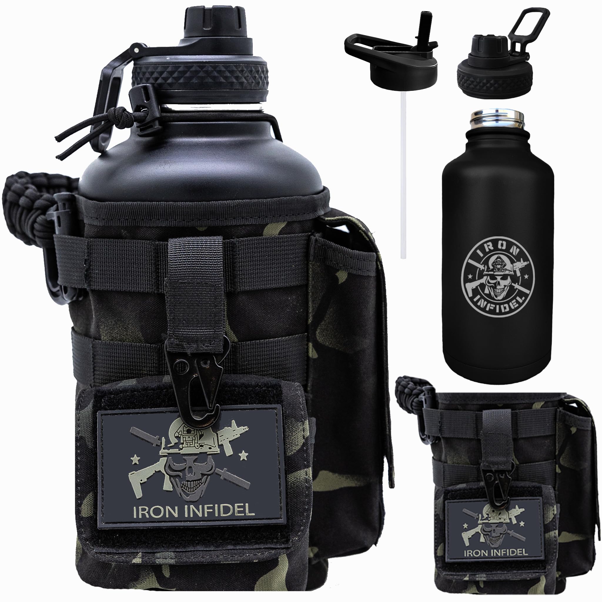 Iron Infidel Battle Bottle - Half Gallon Insulated Stainless Steel Water Jug with Handle - Gym Bottle for Men with Rugged Sleeve (Overland 2 Liter)